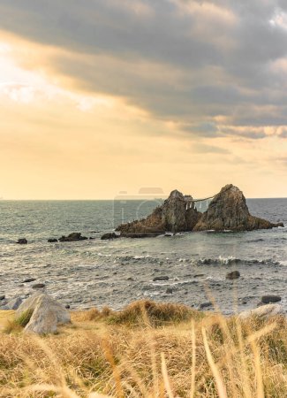 Foto de Pintoresca puesta de sol en el césped de otoño de la costa de Itoshima y su punto de referencia natural popular por su Sakurai Futamigaura Meoto Iwa Couple Rocks adornado con una paja sintoista hecha de cuerda de Fukuoka. - Imagen libre de derechos