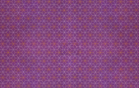 Téléchargez les photos : Grand fond de texture d'un tissu furoshiki japonais traditionnel imprimé avec un design minimaliste sans couture de feuilles de chanvre violet appelé asanoha ressemblant à des cubes 3D par vision optique. - en image libre de droit