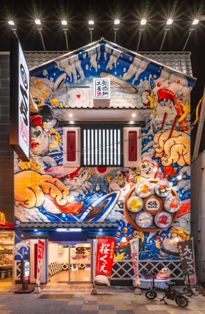 Foto de Osaka, Japón - dic 04 2022: Fachada de un restaurante Kurasushi kaitenzushi evocando una arquitectura tradicional de almacén llamada Kura decorada con una ilustración de pintura de personajes de sushi en el mar. - Imagen libre de derechos