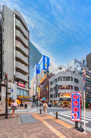 Photo for Tokyo, ikebukuro - Aug 11 2023: Sunshine-dori street intersection in the famous otaku culture area aimed at Japanese women called Otome Road with the Animate Shop and a girl from a Maid Cafe waving. - Royalty Free Image