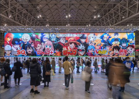 Photo for Chiba, japan - dec 18 2022: Huge placard showcasing manga heroes like Luffy featured in Weekly Jump magazine at the annual free event Jump Festa '23 in Makuhari Messe International Exhibition Hall. - Royalty Free Image