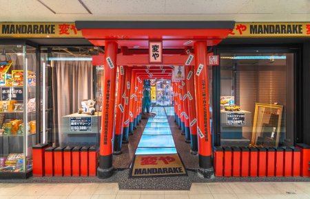 Foto de Tokyo, Japón - 06 ago 2023: Túnel hecho de puertas torii sintoístas en la tienda Mandarake Henya se especializan en artículos retro relacionados con el manga japonés y el anime en el centro comercial Nakano Broadway. - Imagen libre de derechos