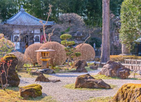 Photo for Saitama, chichibu - mar 26 2023: Traditional Japanese karesansui dry garden adorned with moss covered rocks and ball shaped shrubs in front of the Akibado hall of buddhist Chosen-in Buddhist temple. - Royalty Free Image