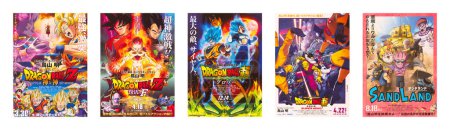 Photo for Tokyo, japan - mar 8 2024: 2nd teaser visual design leaflets of the 5 anime films of Dragon Ball Z, Super & Sand Land released from 2013 to 2023 (left to right) by the Japanese artist Akira Toriyama. - Royalty Free Image