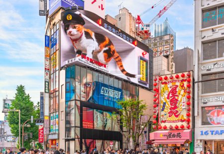 Téléchargez les photos : Tokyo, japon - avr 28 2024 : Affiche de film Netflix de "City Hunter" ou "Nicky Larson" sous un écran incurvé où un chat géant calico 3D portant un képi dans un poste de police koban empêche les escroqueries Kabukicho. - en image libre de droit
