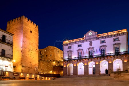 Photo for Plaza Mayor de Caceres at dusk with the wall and the town hall in the background - Royalty Free Image