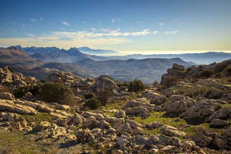 Photo for Idyllic mountain landscape of the Malaga mountains with morning light, from Torcal de Antequera, Malaga, Andalusia, Spain - Royalty Free Image