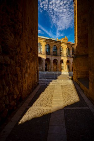 Foto de Foto vertical de la Plaza Monumental de Alcaraz, Albacete, Castilla la Mancha, España, desde un callejón con luz dorada de la madrugada - Imagen libre de derechos