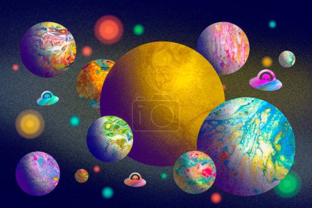 Children's illustration with textures of the universe, with planets of different sizes, bright stars and UFOs with aliens