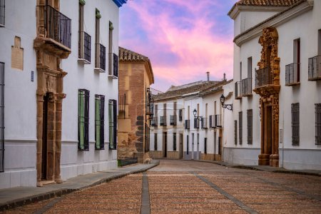 Typische Straße mit Palästen, die von der Plaza de Santo Domingo in Almagro, Ciudad Real, Castilla la Mancha, Spanien führt