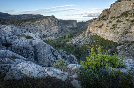 View from Taibilla Castle of the rocky gorge through which the Taibilla River flows in Nerpio, Albacete, Spain, at dawn
