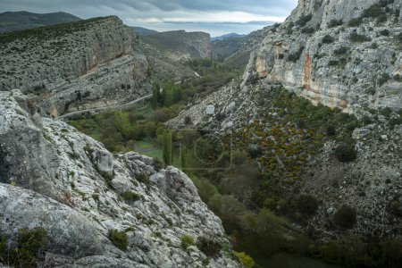 View from Taibilla Castle of the rocky gorge through which the Taibilla River flows in Nerpio, Albacete, Spain, at dawn