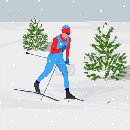 Illustration for Winter landscape. A man on skis, spruce, against the backdrop of snowfall. Winter sports. Rest at nature. - Royalty Free Image