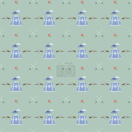 Ilustración de Seamless pattern on the theme of musketeers with swords, flintlock pistols, musketeer cape, hat with feather and rose on a gray background - Imagen libre de derechos