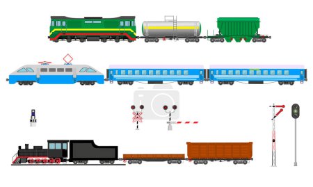 Illustration for Set of passenger and freight trains. A number of connected railway cars. Traffic lights, semaphore and barrier of a railway crossing. Vector illustration isolated on white background - Royalty Free Image