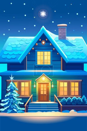 Illustration for A two-story wooden house with windows illuminated on Christmas Eve, decorated with balls and a Christmas tree with a star in front of the house, bushes in the snow under the windows, an entrance with - Royalty Free Image