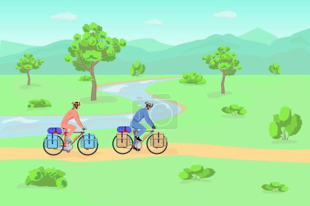 Ilustración de Pareja que viaja en bicicleta a lo largo de un camino de tierra en un valle del río, entre árboles y arbustos, con el telón de fondo de montañas y cielos despejados - Imagen libre de derechos