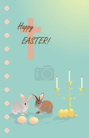 Easter card with bunnies, eggs, a candelabra with candles, a Christian cross and the inscription "Happy Easter" against a sunny sky background decorated with flowers