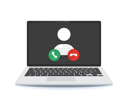 Illustration for Video call on laptop screen. Laptop with incoming call, man profile picture and accept decline buttons - Royalty Free Image