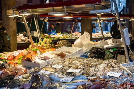 Photo for Venice, Italy- Feb 25, 2023: Fresh fish displayed at The Rialto Fish Market in Venice, Italy - Royalty Free Image