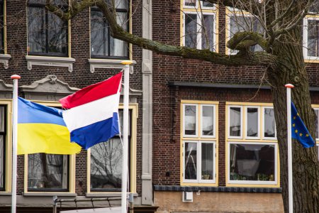 Photo for Flags of Netherlands, Ukraine and European Union on the wind, Leiden, Netherlands - Royalty Free Image
