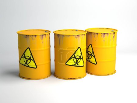 Téléchargez les photos : Trois barils jaunes rouillés avec un signe de danger de rayonnement rendu 3D - en image libre de droit