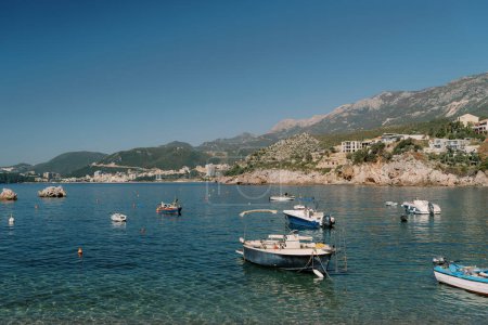 Pequeños barcos de pesca están amarrados en el mar frente a la costa. Przno, Montenegro. Foto de alta calidad