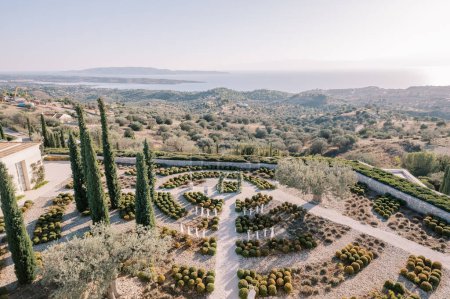 Sektoraler Garten mit runden Büschen und hohen Bäumen an einem Berghang. Hotel Amanzoe, Peloponnes, Griechenland. Hochwertiges Foto