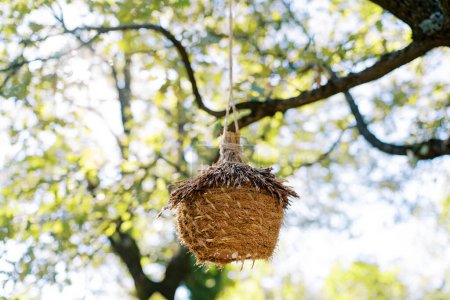 Wicker nest-house for birds hangs on a tree branch in the park. High quality photo