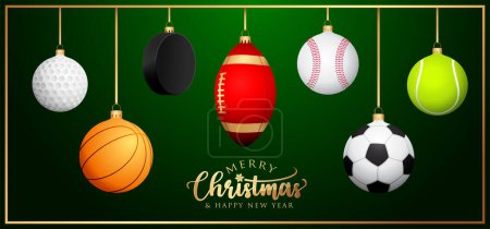 Illustration for Sport Christmas balls - Greeting Card - Soccer, Basketball, Baseball, Tennis, Golf, Football, Hockey ornament - Vecor - Royalty Free Image