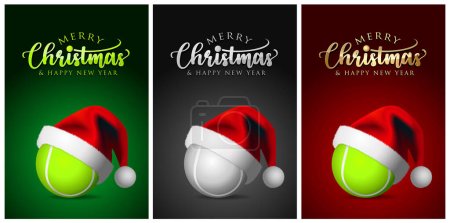 Illustration for Tennis balls and Santa Claus hat - Merry christmas Greeting Cards - vector design illustration Set of green - black - red Background - Royalty Free Image