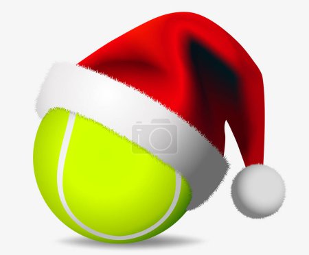 Foto de Pelota de tenis y sombrero de Santa Claus - Feliz Navidad Tarjeta - diseño vectorial ilustración sobre fondo blanco - Imagen libre de derechos