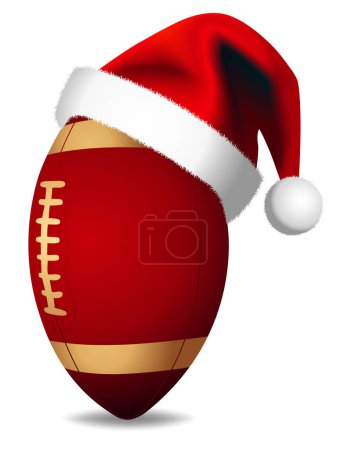 Ilustración de Bola de rugby de Navidad y sombrero de Santa Claus - concepto de pelota deportiva de fútbol americano - Aislado sobre fondo blanco - Vector nuevo - Imagen libre de derechos