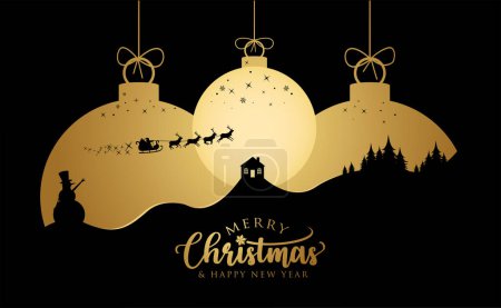 Photo for Christmas Santa Sleigh Luxury Gold Greeting Card - Decoration Balls - Abstract Winter Night and  text Merry Christmas and Happy New Year - Royalty Free Image
