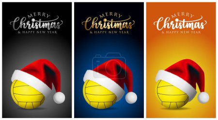 Foto de Navidad waterpolo o pelota de voleibol y sombrero de Santa Claus - Feliz Navidad Deportes tarjeta de felicitación - ilustración de diseño de vectores en fondos - Imagen libre de derechos