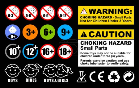 Altersbeschränkungssymbole Set für Kinder und Jugendliche - Symbole für Beschränkungen für Kinder, Nicht geeignet für Kinder unter 0 - 3, 6, 12, 16, 18 Jahren Zeichen - für Spielzeug, Lebensmittel, Getränkeverpackungen NEGATIV ver.