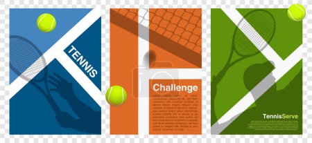Illustration for Tennis tournament Poster, Banner or Flayer - Players, Rackets and Ball on the line, net challenge - Simple retro competition - Sports championship - Vector Illustration Blue, Orange, Green floor Backg - Royalty Free Image