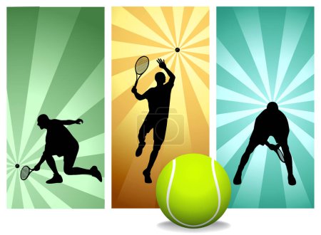 Photo for Tennis Player Silhouettes Set 3 - Vector. Mens players with balls on Retro Backgrounds. Easy change colors. (Check out my portfolio for other silhouettes). - Royalty Free Image