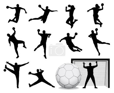 Foto de Balonmano jugadores silueta hombres y mujeres - ataque cerrado en saltos, porteros, bolas y Objetivo vector ilustración - Imagen libre de derechos