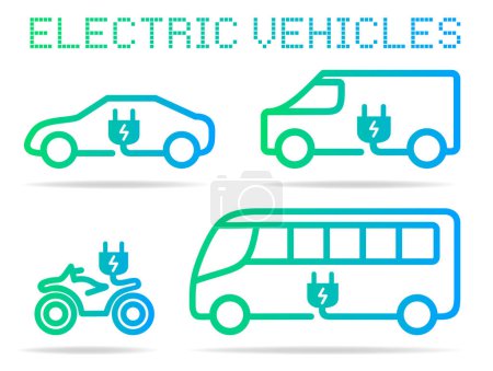 Foto de Vehículos eléctricos vector iconos conjunto: coche, autobús, furgoneta, enchufe, energía ecológica, transporte, energía verde - Imagen libre de derechos