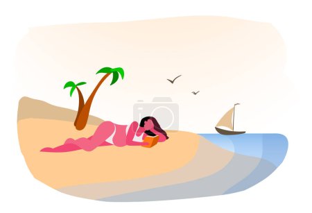 Téléchargez les illustrations : Une jeune fille enceinte lit avec enthousiasme un livre sur la plage. Mer et navire - en licence libre de droit