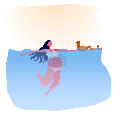 Téléchargez les illustrations : Une jeune fille enceinte nageant dans la mer rencontre un canard avec des canetons - en licence libre de droit