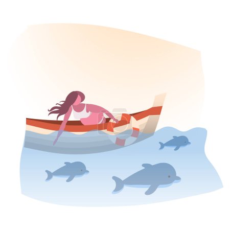 Téléchargez les illustrations : Une jeune fille enceinte naviguant sur un bateau rencontrera des dauphins qui jouent avec elle - en licence libre de droit