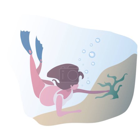Téléchargez les illustrations : Une jeune fille enceinte est engagée dans la plongée sous-marine. Collecte des coraux - en licence libre de droit