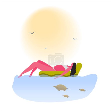 Téléchargez les illustrations : Une jeune mère enceinte nage avec des tortues dans la mer sur un matelas. Fitness et santé pour les femmes enceintes. - en licence libre de droit
