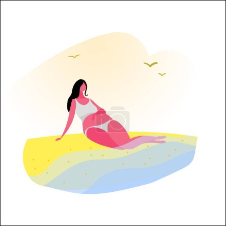 Téléchargez les illustrations : Jeune femme enceinte se détendre sur la plage avec ses pieds dans l'eau.Santé et fitness pour les femmes enceintes. - en licence libre de droit