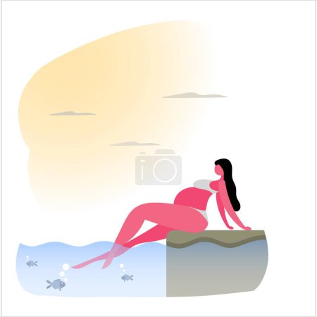 Téléchargez les illustrations : Jeune femme enceinte rinçant ses jambes dans la mer tout en étant assis sur le pier.Santé et sport pour les femmes enceintes. - en licence libre de droit