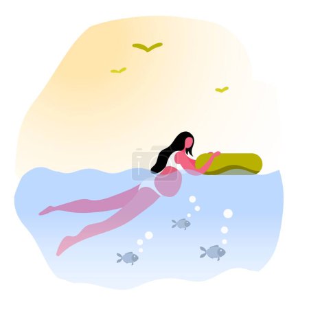 Téléchargez les illustrations : Jeune mère enceinte nage avec des poissons sur la mer.Fitness et santé pour les femmes enceintes. - en licence libre de droit