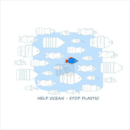 Téléchargez les photos : Un poisson bleu solitaire nage parmi les bouteilles en plastique qui ressemblent à des poissons - en image libre de droit