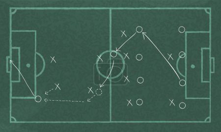 Téléchargez les illustrations : Realistic blackboard drawing Defending Deep or bus plan a soccer game strategy. - en licence libre de droit